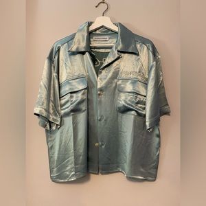 NO MAINTENANCE Satin Blue Camp Collar Bowling Shirt